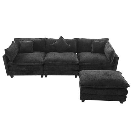 112.2" L-Shape Chenille Upholstered Sofa for Living Room Modern Luxury Sofa Couch with Ottoman and 5 Pillows for Living Room (SG001160AA), Black