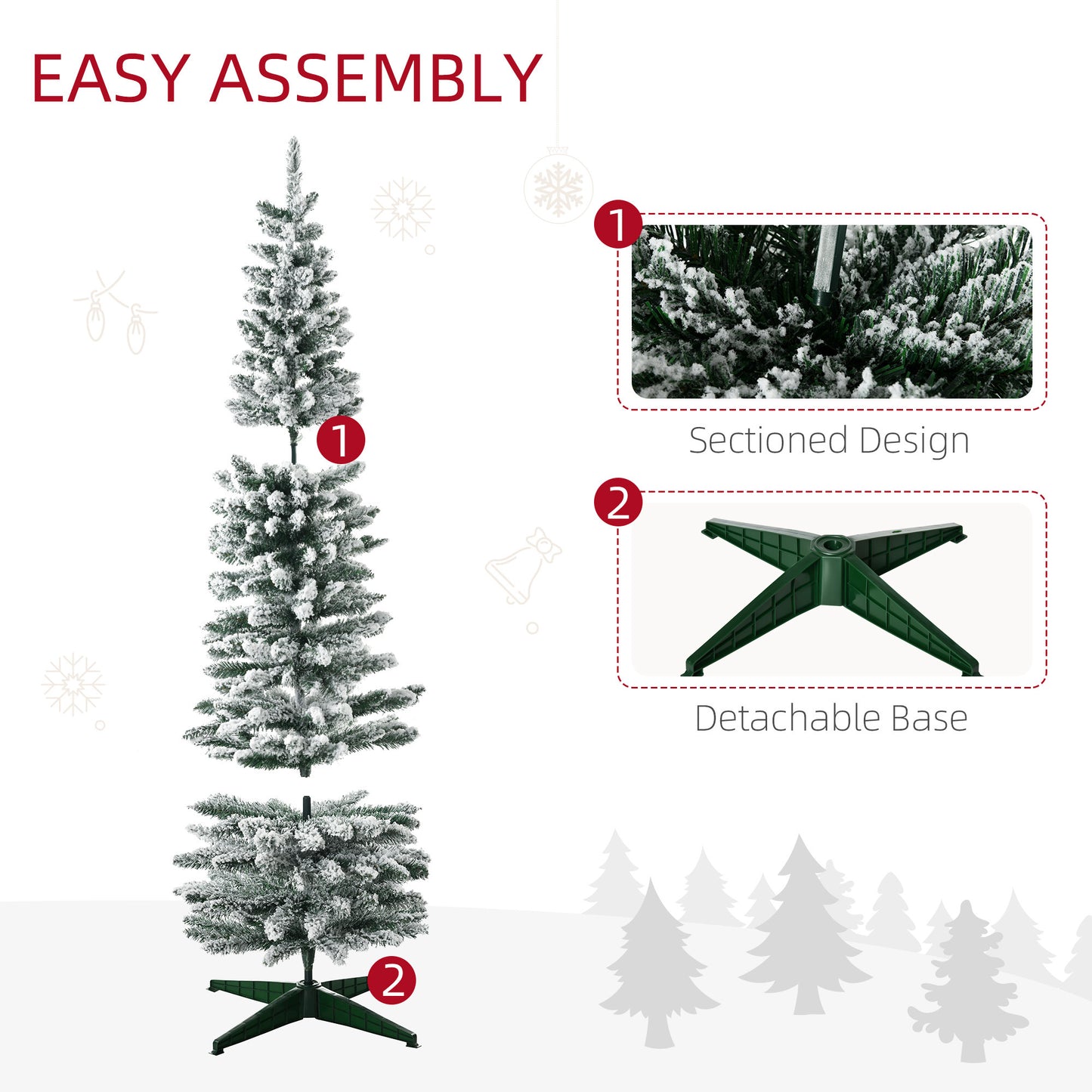 HOMCOM 9 Foot Pencil Snow Flocked Artificial Christmas Tree with Pine Realistic Branches, Pine Cones, Red Berries, Auto Open, Green