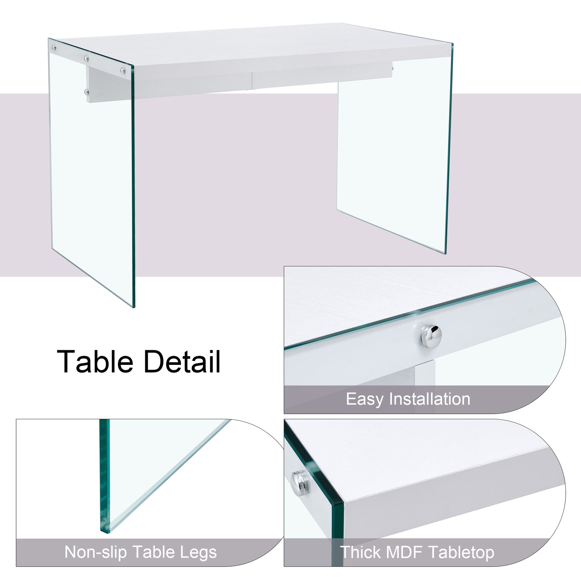 The top of the coffee table is made of MDF and white stickers, and the sides are clear tempered glass. The design is simple and elegant, and the structure is strong.