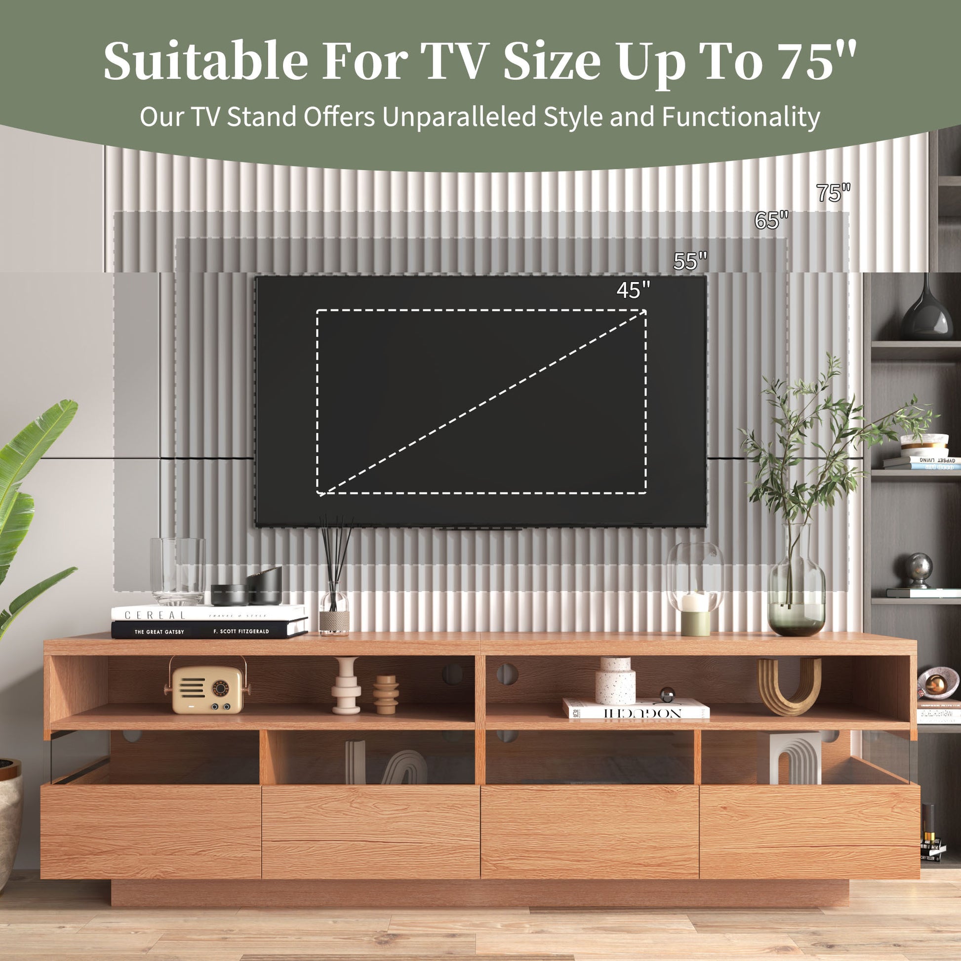 Modern TV with 4 Drawers& 2 open Cabinets, Media Console Table for TVs up to 75'', Entertainment Center with Acrylic transparent Storage Space for Living Room, Bedroom, Home Theatre