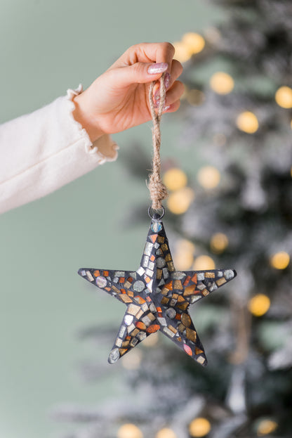 6.5" Mosaic Metal Star Ornament, Hanging Home Decor Accents for Christmas Tree, Wall Art, Holiday Display, Set of 4