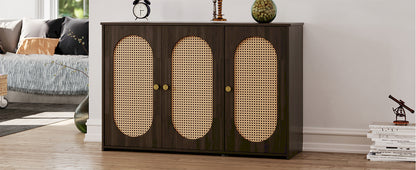 TREXM Retro 3-Door Sideboard with Large Storage Space Artificial Rattan Doors and Metal Handles, Accent Cabinet for Living Room and Hallway (Brown)