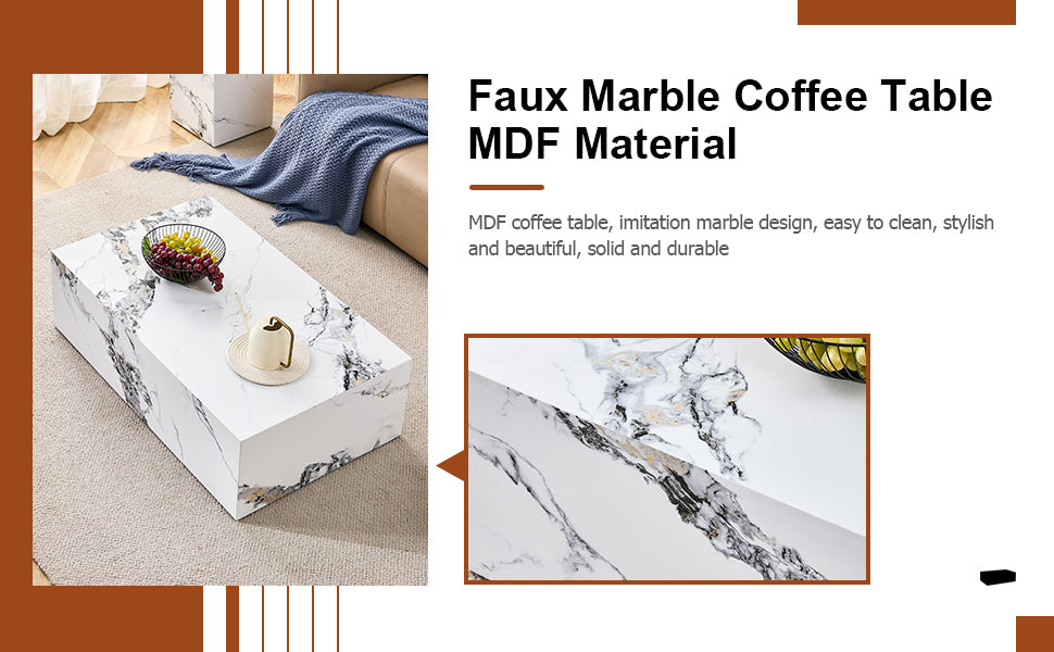 Modern MDF Coffee Table with Marble Pattern - 39.37x23.62x11.81 inches - Stylish and Durable Design W1151119518