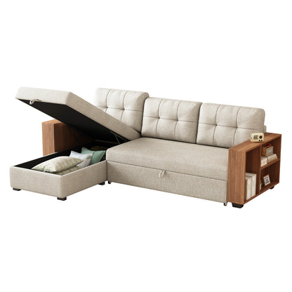 Upholstered Pull Out Sectional Sofa with Storage Chaise, Convertible Corner Couch, Beige-Wooden handrail