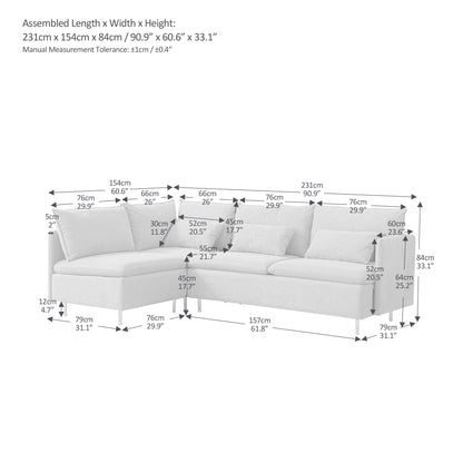 Modular L-shaped corner sofa, movable chaise facing left/right, Grey cotton-linen -90.9 inches