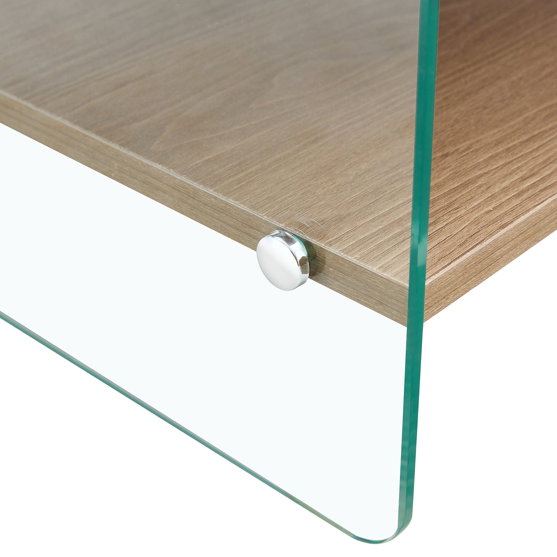 Bedside table with drawers. The board surface is MDF sticker, and both sides are transparent tempered glass. The design is simple and elegant, with excellent storage functions.