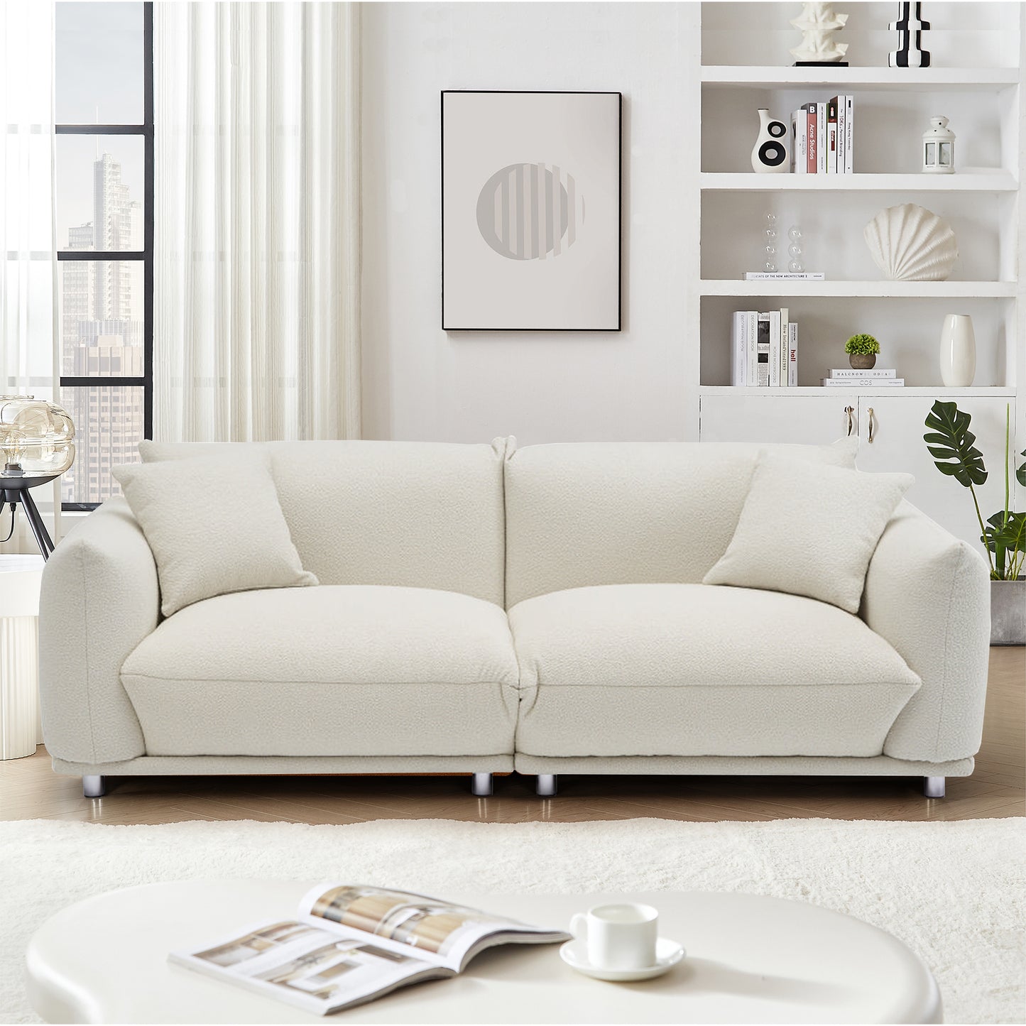 Oversized Loveseat Sofa for Living Room, Sherpa Sofa with Metal Legs, 3 Seater Sofa, Solid Wood Frame Couch with 2 Pillows, for Apartment Office Living Room Beige