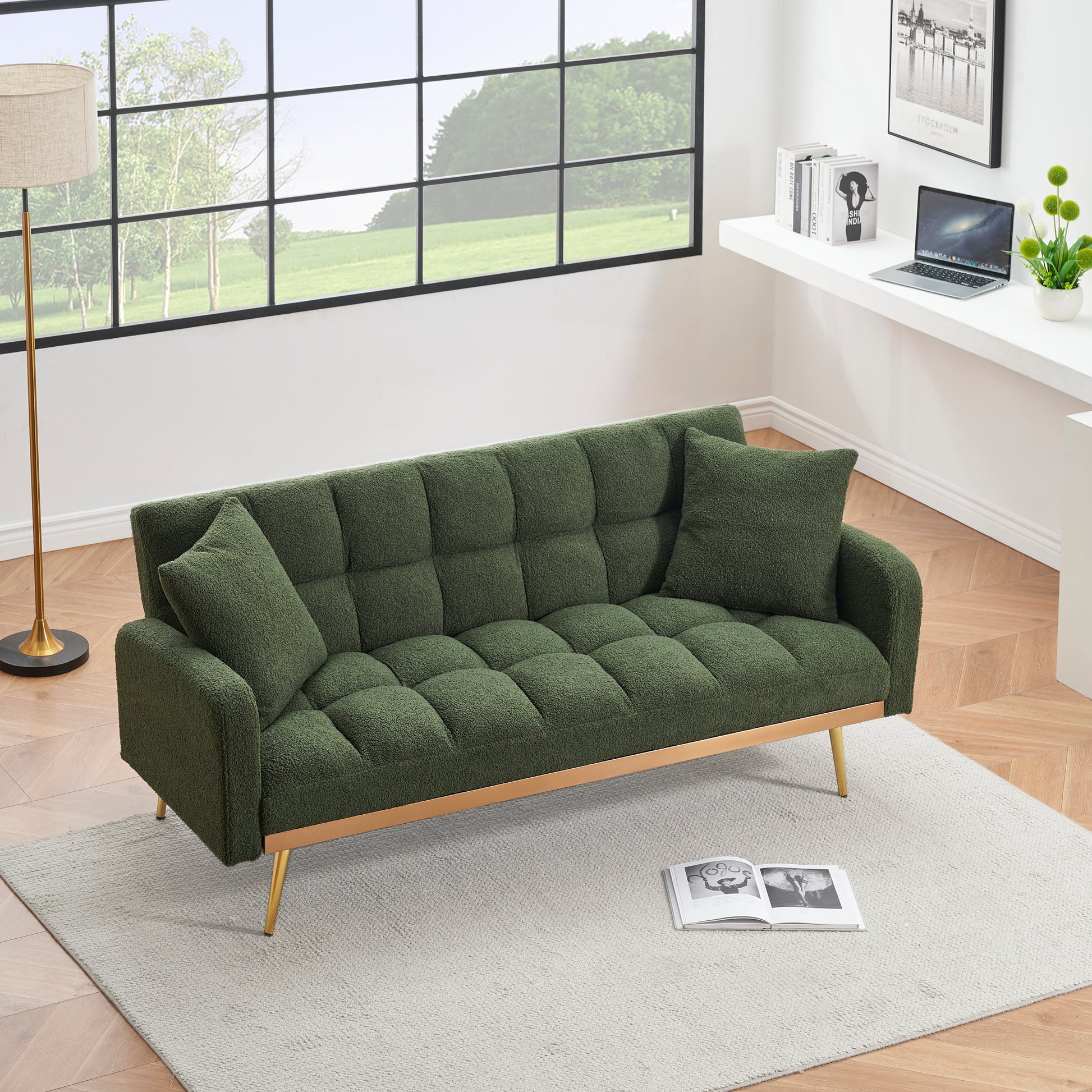 69 "green sofa bed, adjustable sofa teddy 2 throw pillows