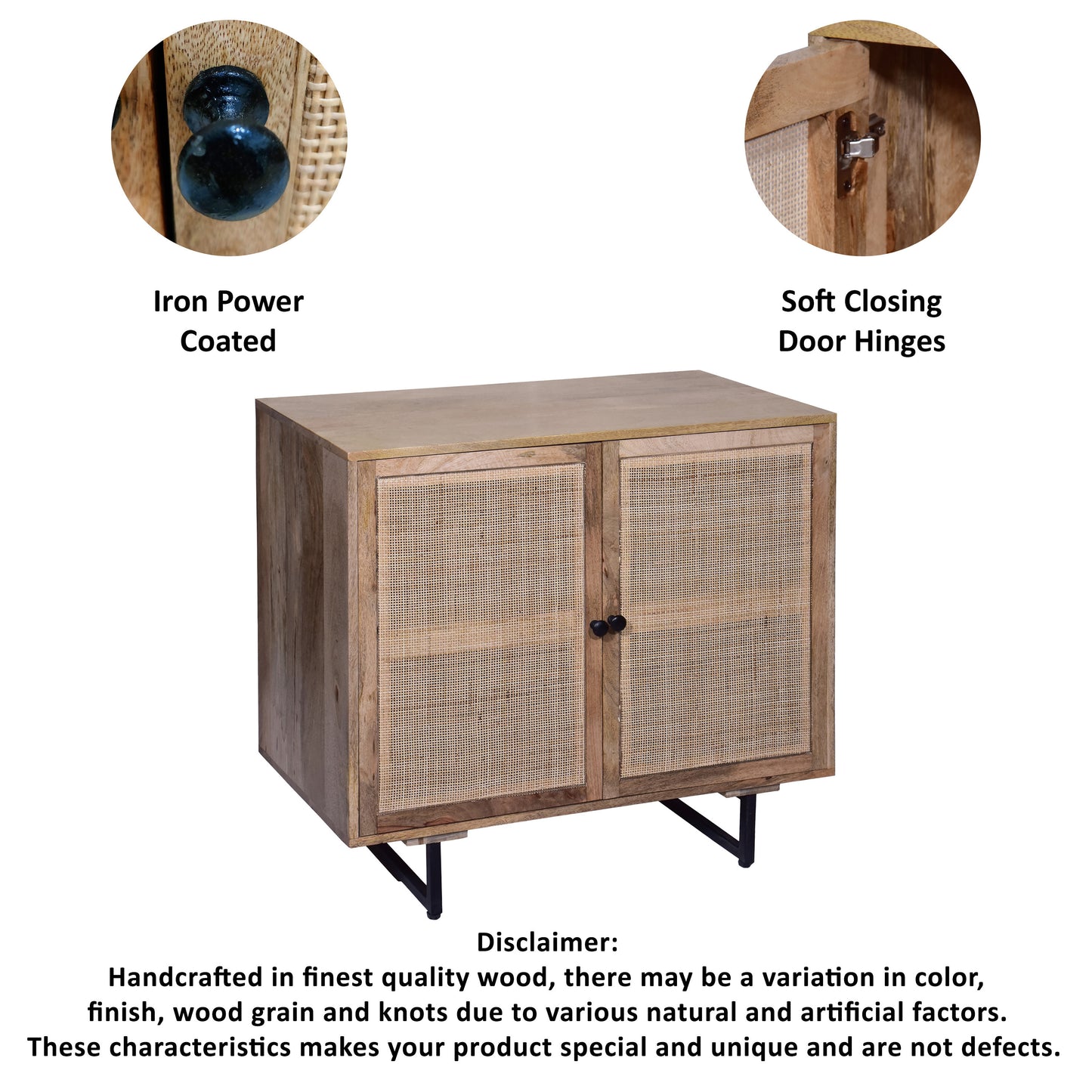 35 Inch Handcrafted Accent Cabinet with 2 Mesh Rattan Doors, Black Iron Legs, Natural Brown Mango Wood Frame