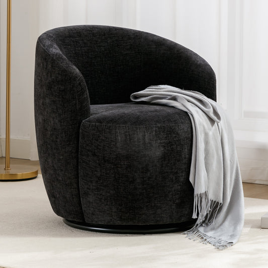 Chenille Fabric Swivel Accent Armchair Barrel Chair With Black Powder Coating Metal Ring,Black