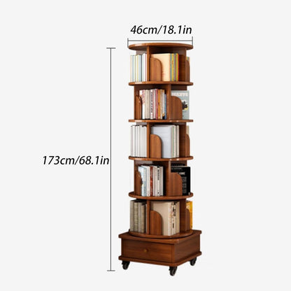 Rotating Bookshelf, 360 Display Corner Bookshelf for Small Space, 6 Tier Bookcase Storage Rack with Wheels, Wood Narrow Organizer for Bedroom, Living Room, Study Room, Walnut Brown