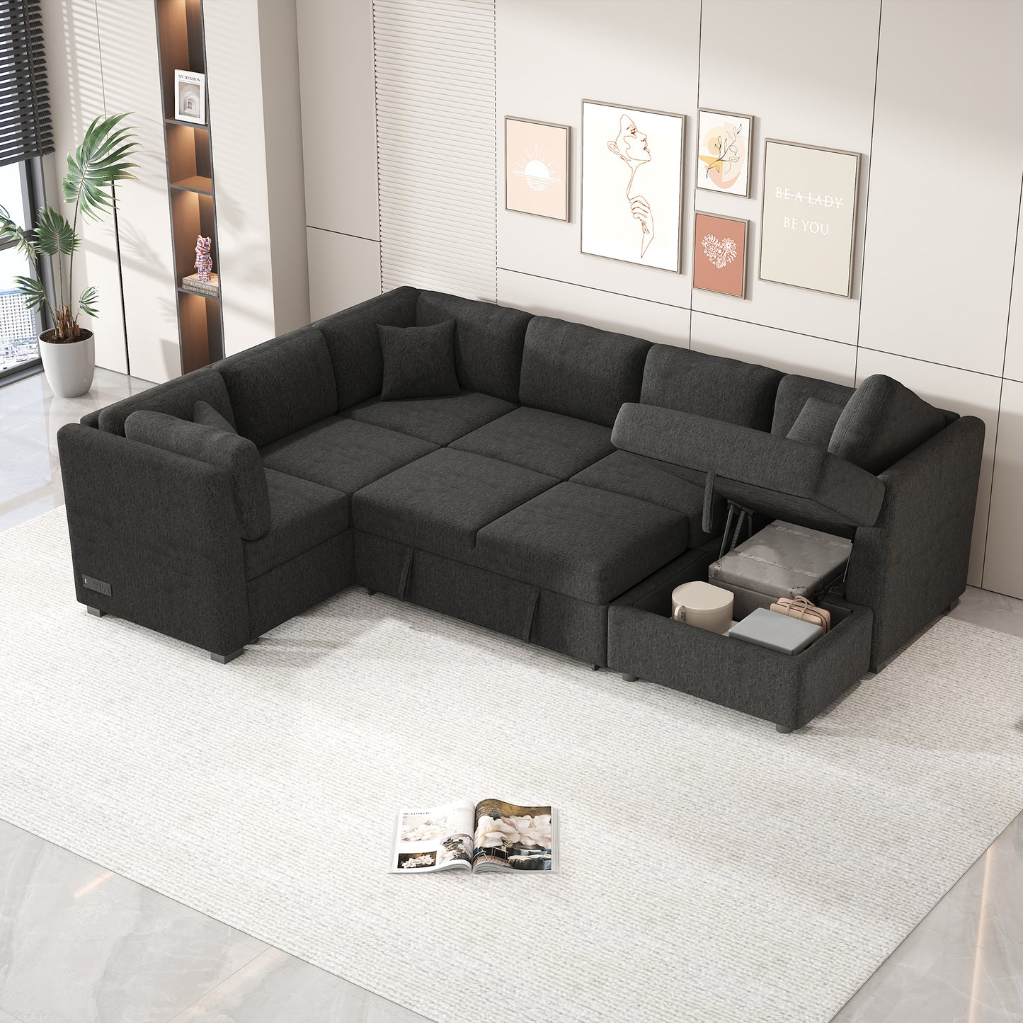 108.6" U-shaped Sectional Sofa Pull out Sofa Bed with Two USB Ports, Two Power Sockets, Three Back Pillows and a Storage Chaise for Living Room, Black