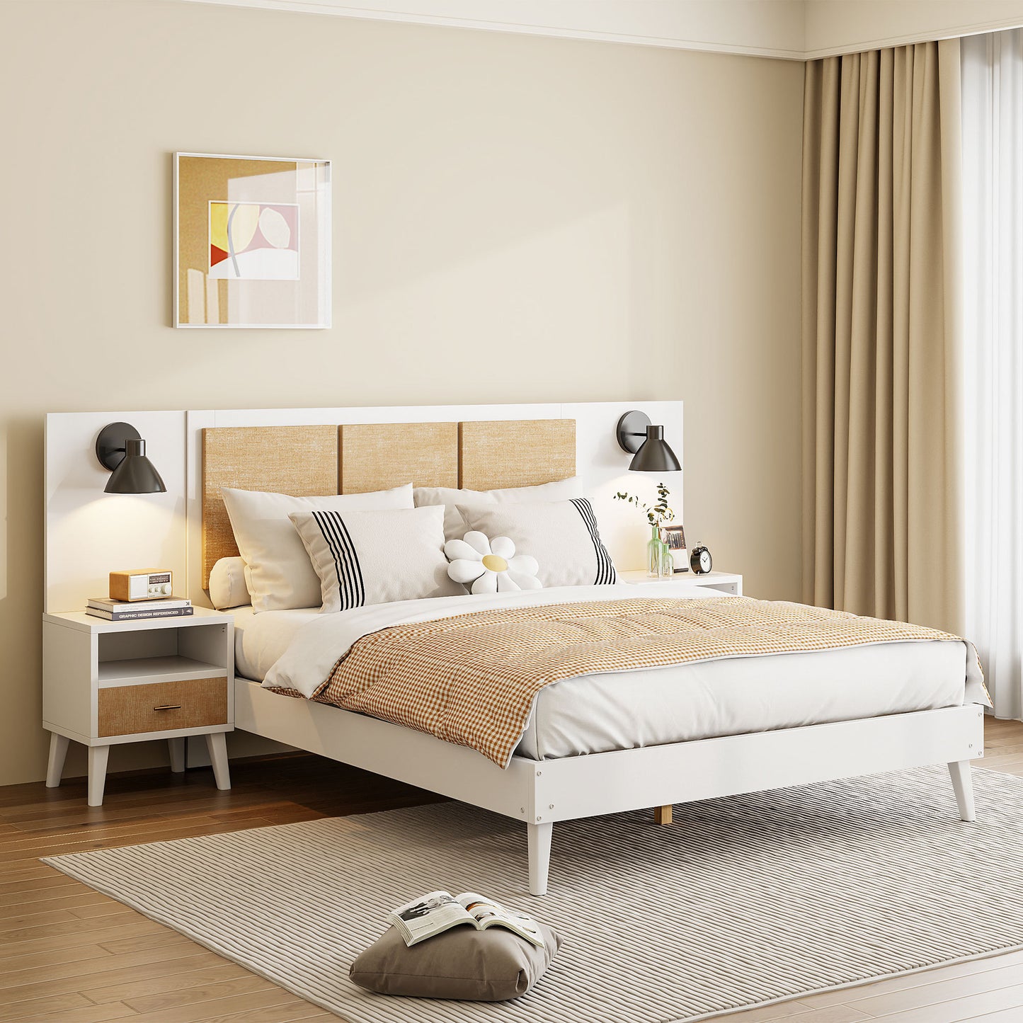 Queen Size Solid Wood Bed Frame with 2 Nightstands, Elegant Design with Lamps, Rattan and Wood Combination,White