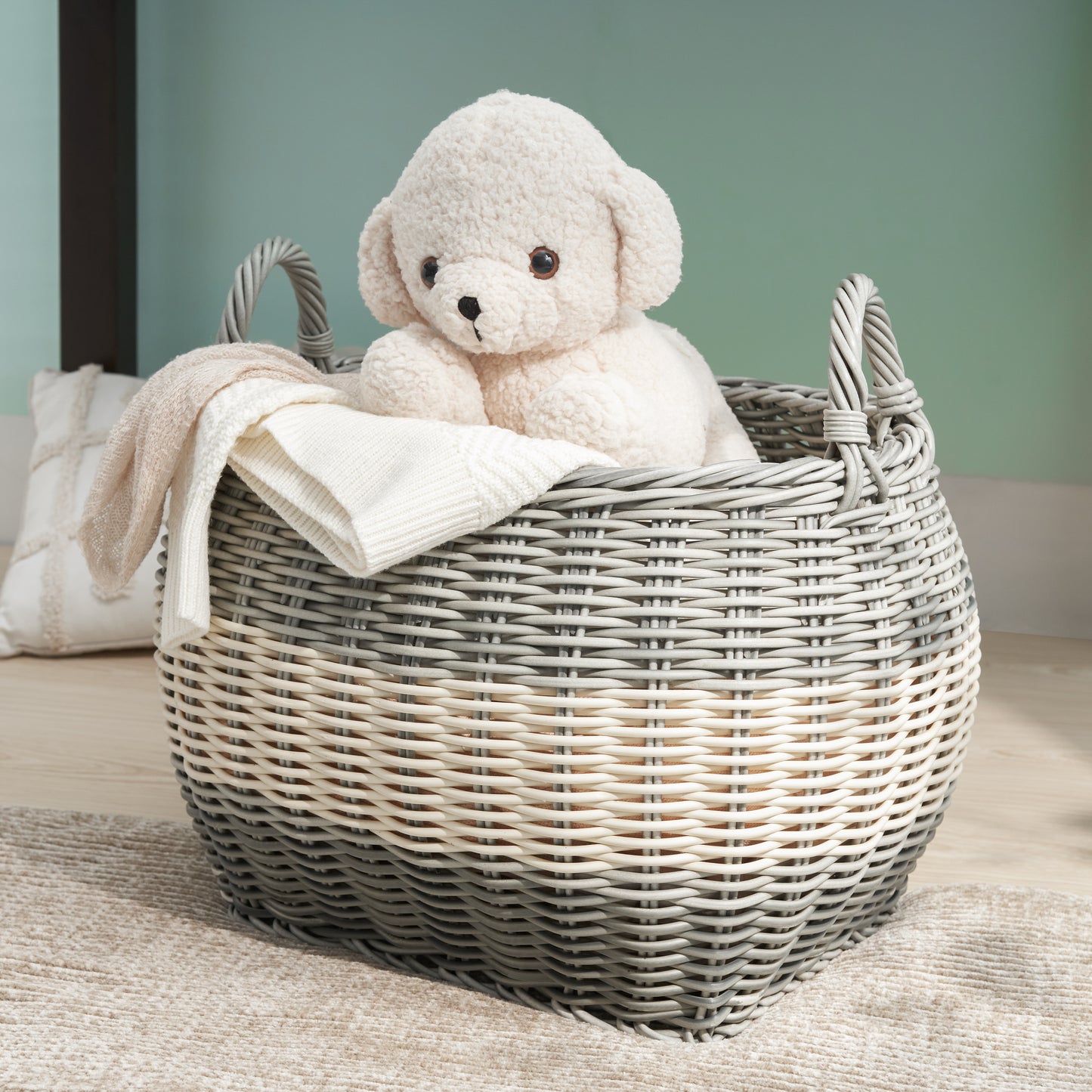 Zita Oval Resin Woven Wicker Multi-Use Storage Basket with Handles - 18" x 15" x 15" - White-Gray - For Towel, Toys, Magazines Storage and Home Decoration