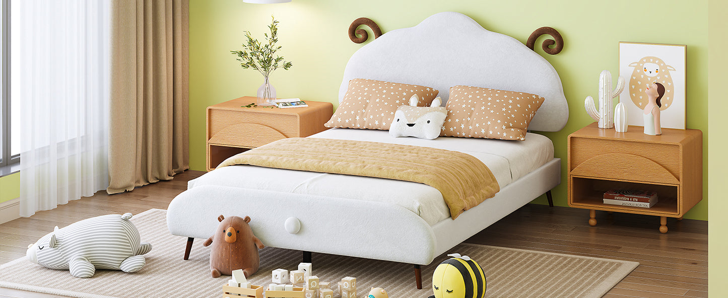 Full Size Upholstered Platform Bed with Sheep-Shaped Headboard, White