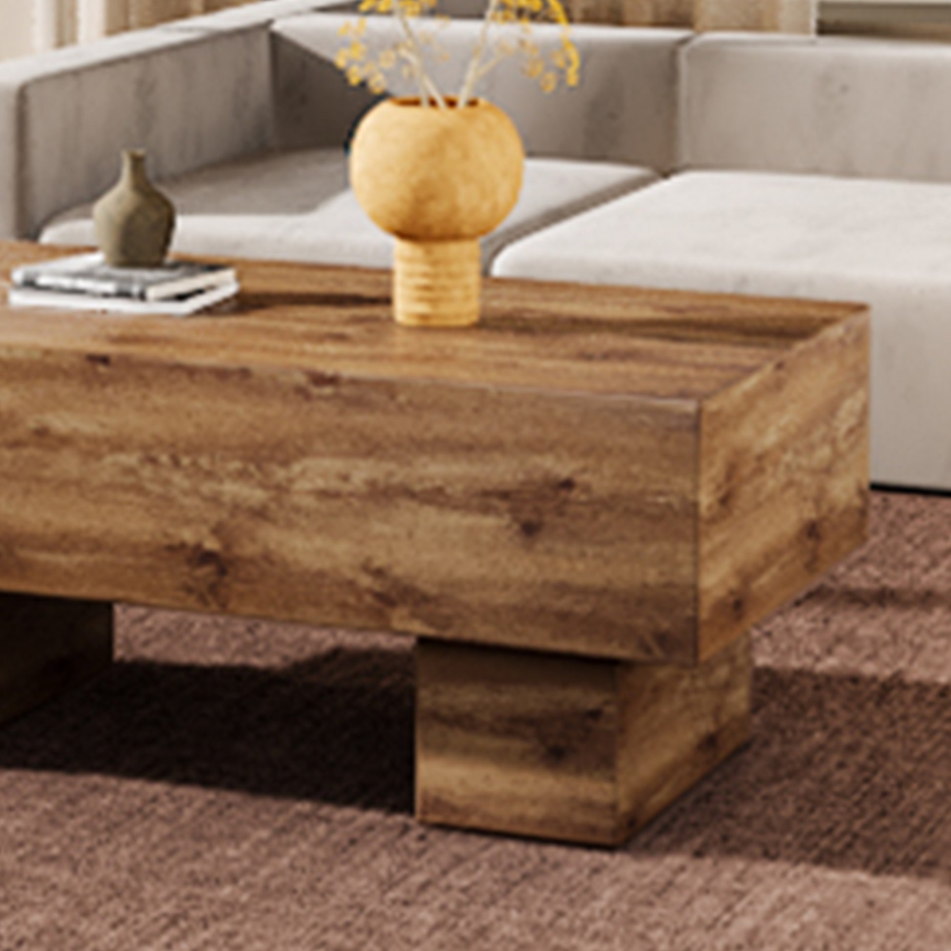 This modern rectangular coffee table features a stylish wood color, making it an ideal addition to any living room or apartment, and measures 43.3 "x 21.6" x 17.2 ".