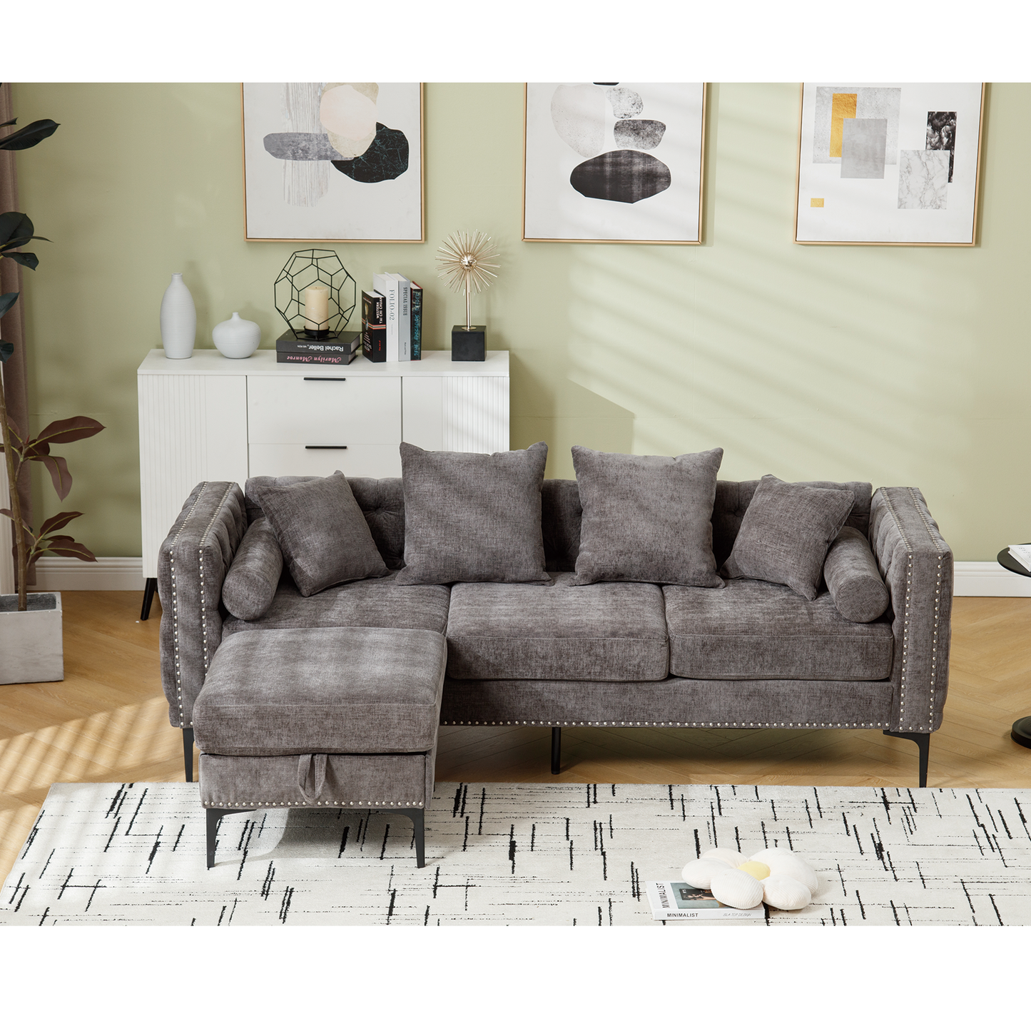 [NEW ARRIVED] [VIDEO PROVIDED]L Shaped Sectional Sofa , Convertible Storage Ottoman,Chenille ,Square Arm,  Modern Tufted Couch ,3 Seater, And Nailhead, Dark gray