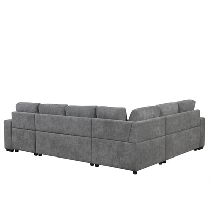 109" U-shaped Sectional Sofa Pull-out Sofa Bed with Two USB Ports, a Storage Chaise Lounge and Four Back Pillows for Living Room, Grey