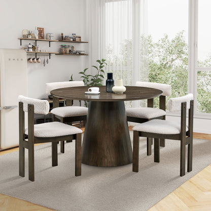 (1 Table with 4 Chairs)Wooden Dining Table Set, Modern Round MDF Kitchen Table and Boucle Upholstered Dining Chairs for Dining Room, Kitchen, Saving Space,Walnut