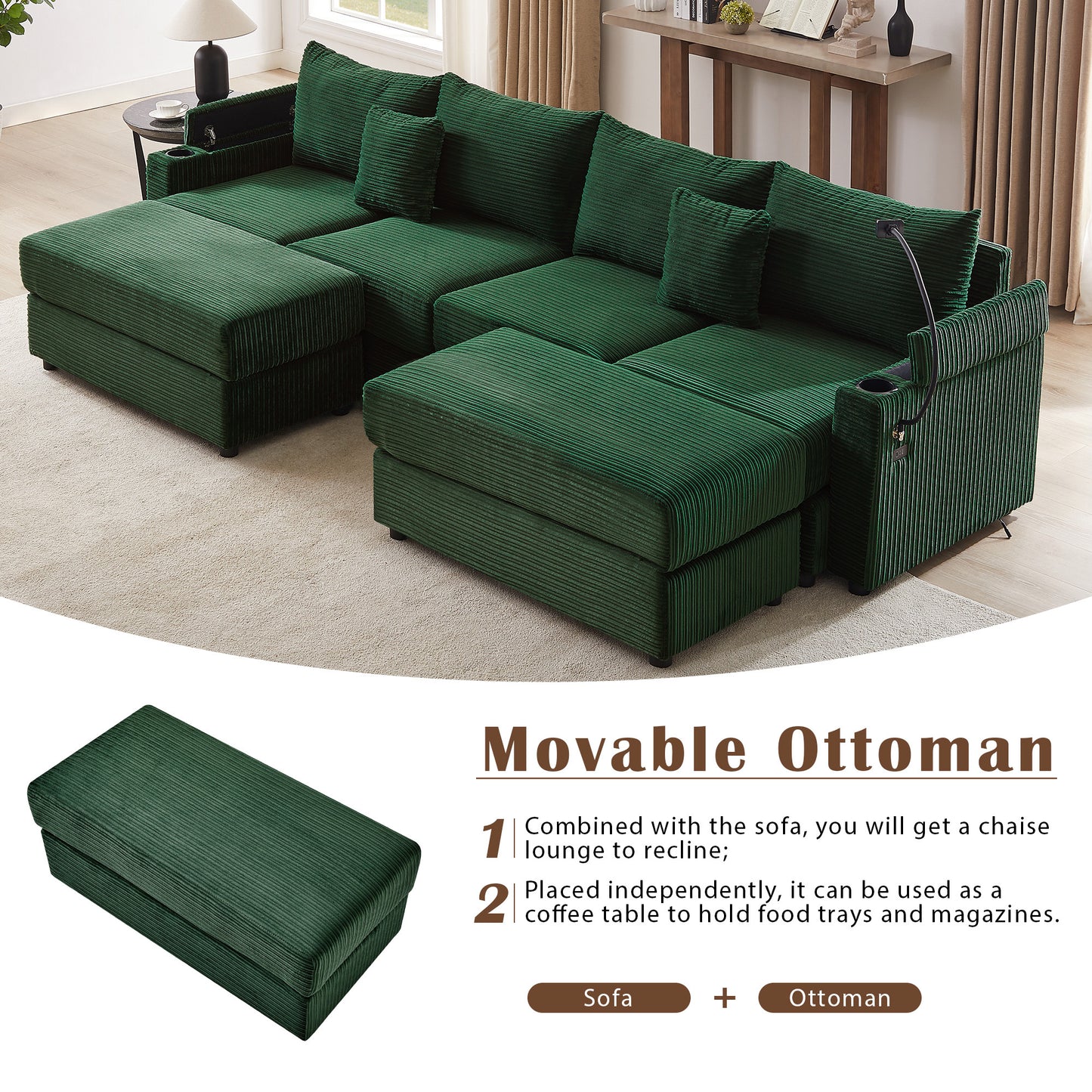 123.2" Modern Style 4-seater Sofa Sectional Sofa Couch with Storage Space, Two Movable Ottomans, Two USB Ports, Two Cup Holders, A Phone Holder for Living Room, Green