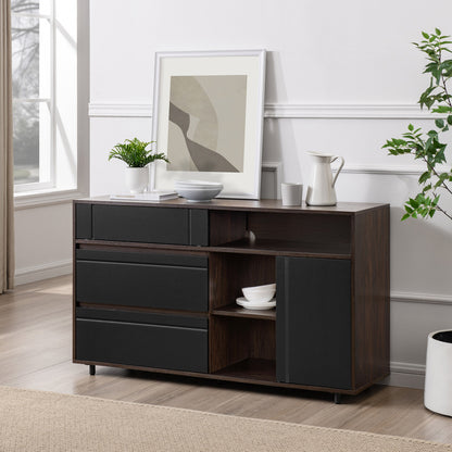 Contemporary Detailed-Door Sideboard with Open Storage – Dark Espresso / Solid Black