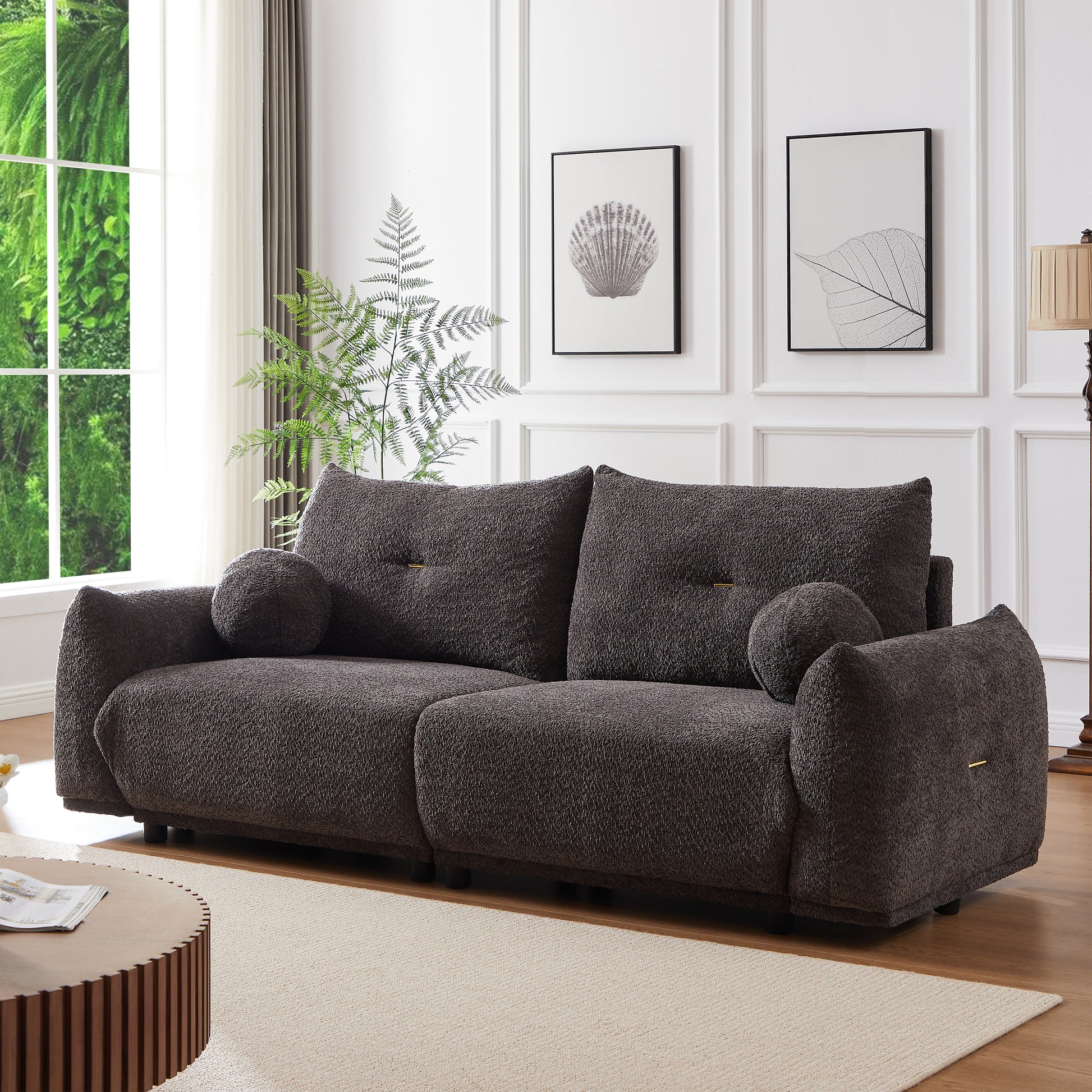 Lamb's wool 2-seater cushion sofa 90'' comfortable sofa for living room Bedroom and other casual spaces Lamb's wool sofa with 2 cushions and 2 ball pillows. (gray)