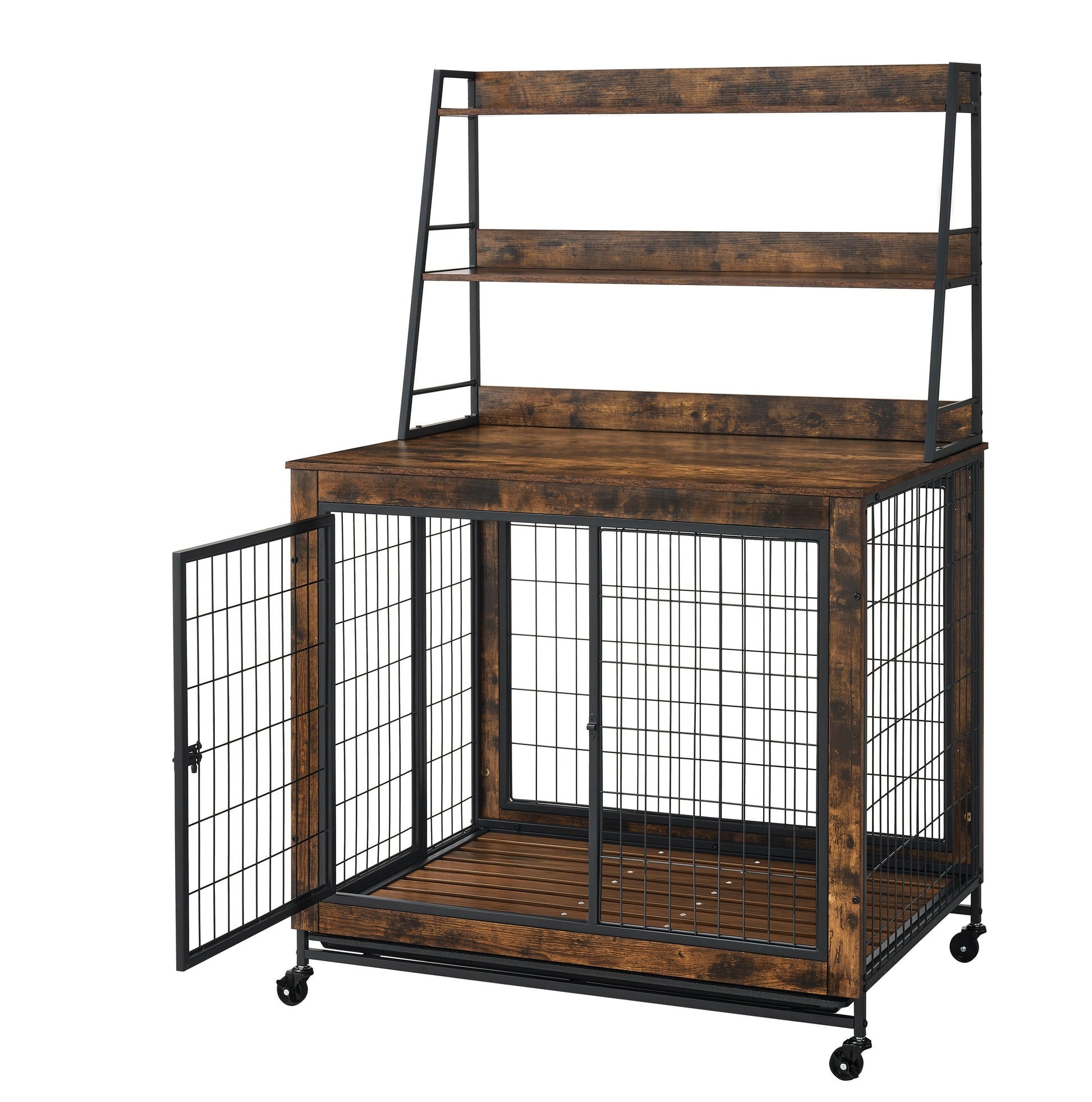 Furniture type dog cage iron frame door with cabinet, two door design, Rustic Brown,37.99"WX27.36"DX59.92"H