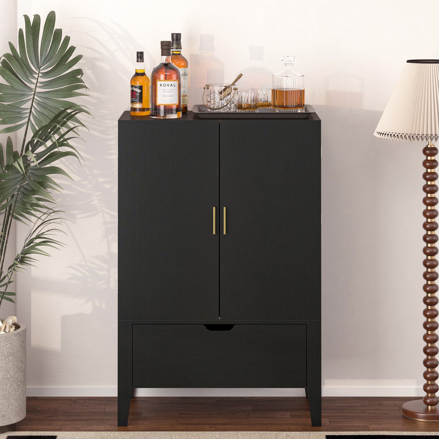 Lockers,side cabinets,Wine Bar Cabinet,Liquor Storage Credenza,Sideboard with Wine Racks & Stemware Holder,Wine glass holder,Metal handle, placed in family bars,hallways,living rooms,Color:black+Brown