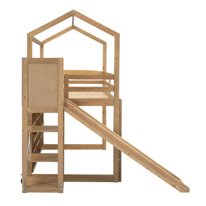 Twin Size Wood House Loft bed with Slide, Storage shelves and Light, Climbing Ramp, Wood Color