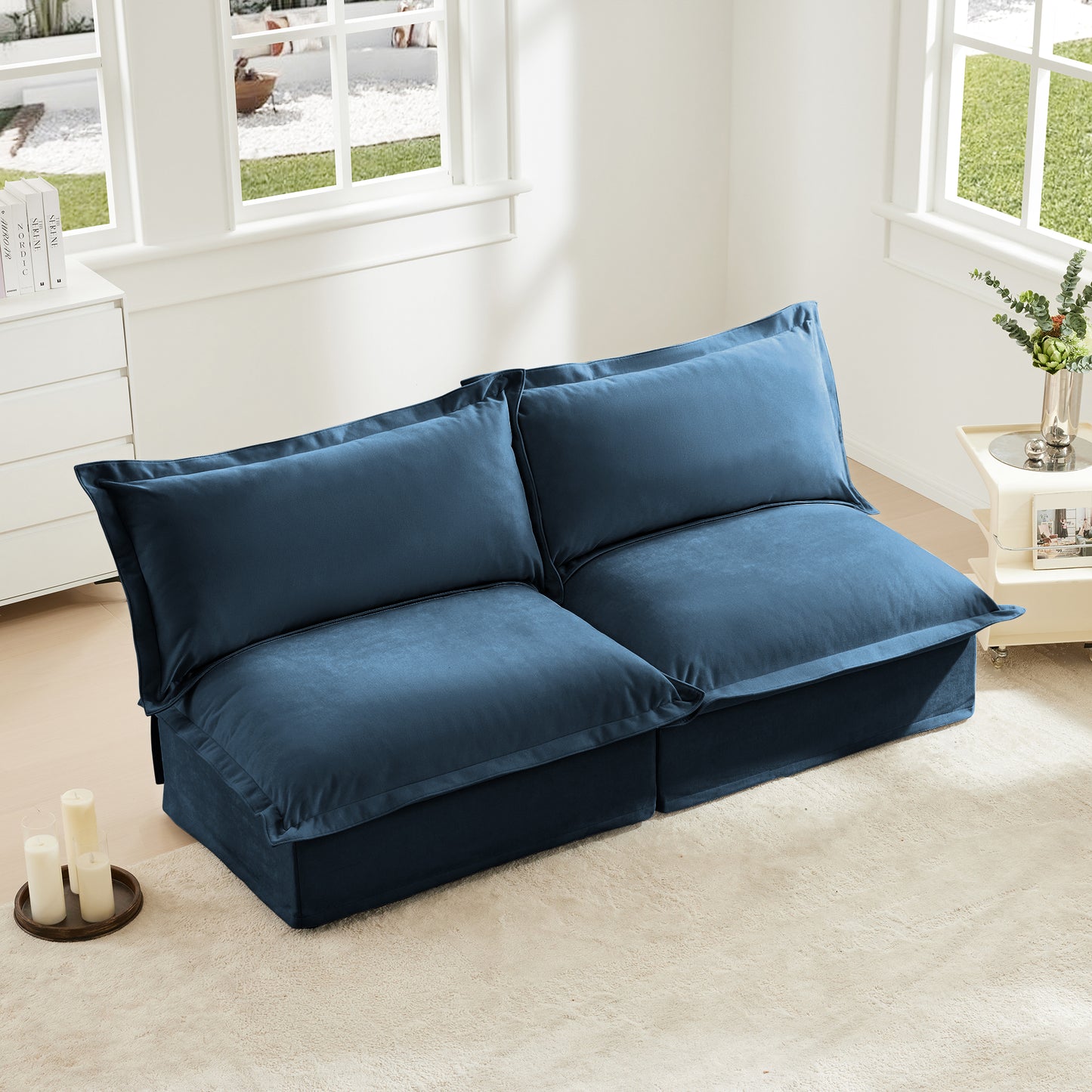 Slipcovered 2 Seater Armless Sofa,  Free Combination Convertible Slipcovered Sofa, Armless Sofa Couch for Living Room and Bedroom with Multiple Pillows, Chenille Fabric, Blue