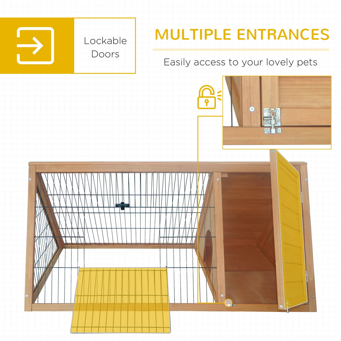 PawHut 46" x 24" Wooden A-Frame Outdoor Rabbit Cage Small Animal Hutch with Outside Run & Ventilating Wire, Yellow