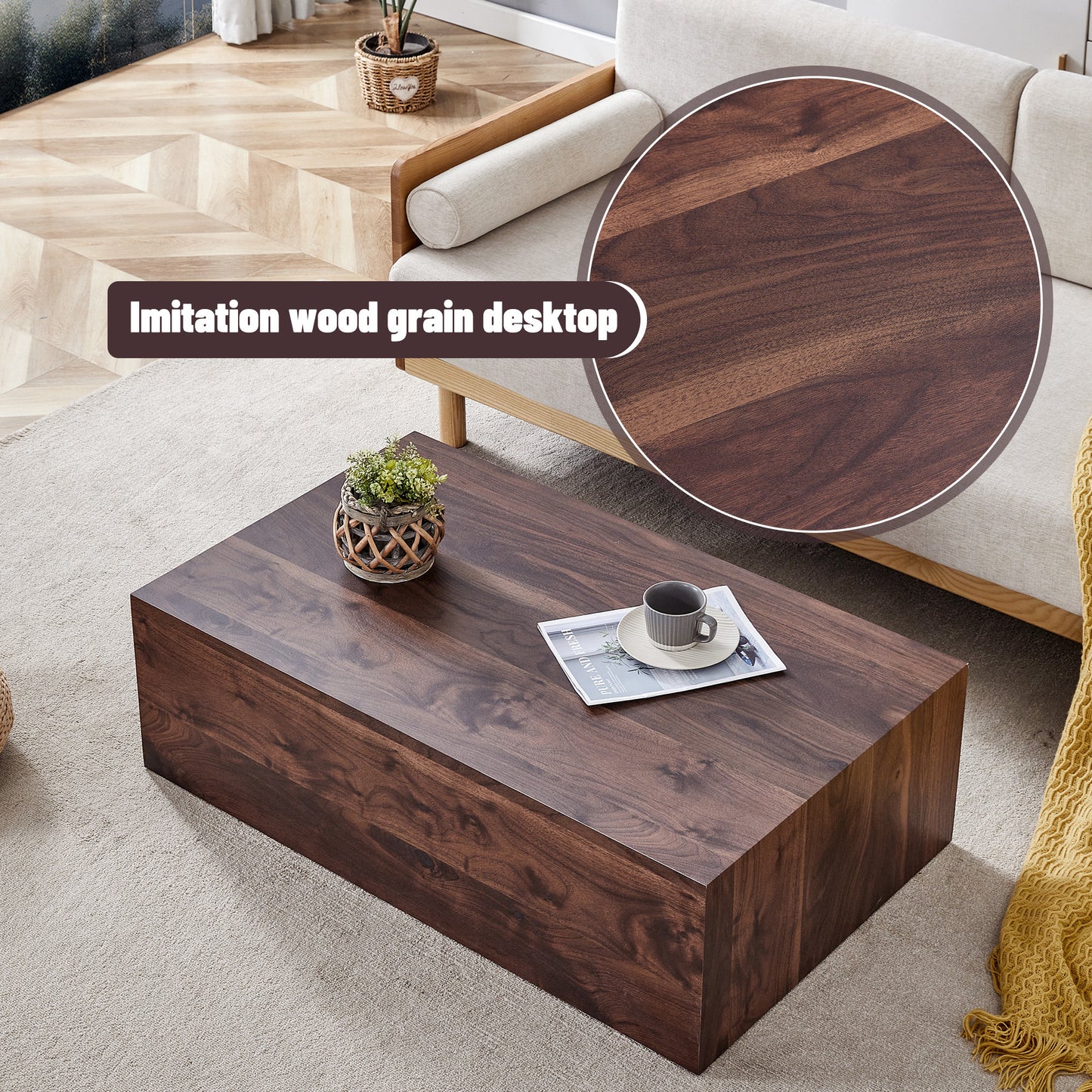 39.3*23.6*12 Inch Walnut Wood Grain MDF Coffee Table - Luxurious Design, Perfect Living Room Accent.Fashion texture design coffee table, suitable for various situations and scenes.