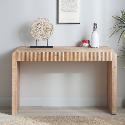 Rustic Wooden Console Table with Drawer – Minimalist Design, Ribbed Texture, and Natural Finish