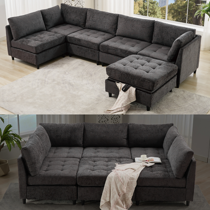 [NEW ARRIVED] [VIDEO PROVIDED]   Modular Sectional Couch with Storage Ottoman, U Shaped Sofa, Storage Ottoman,Minimalist ,Convertible Modular Sofa,Chenille ,Upholstered,6 Seat,Living Room,  Dark  Gray