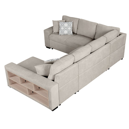 109" U-shaped Sectional Sofa Pull-out Sofa Bed with Two USB Ports, a Storage Chaise Lounge and Four Back Pillows for Living Room, Beige