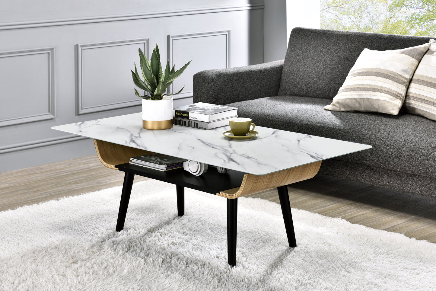 Landon 47" Coffee Table with Glass White Marble Texture Top and Bent Wood Design