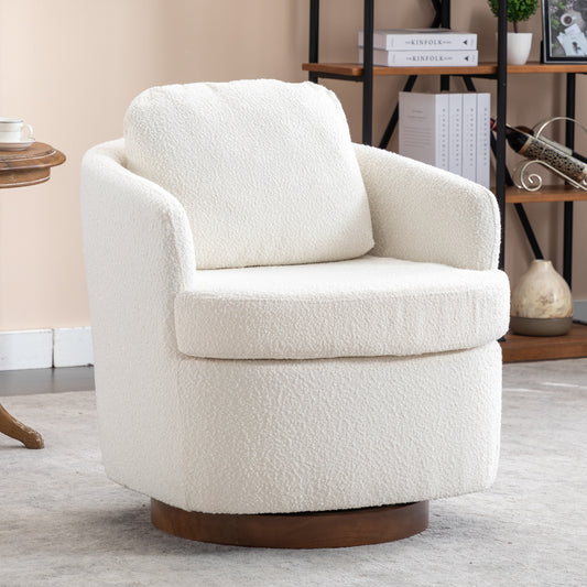 035-Boucle Fabric Swivel Accent Chair With Soild Wood Round Brown Base Leg,Ivory