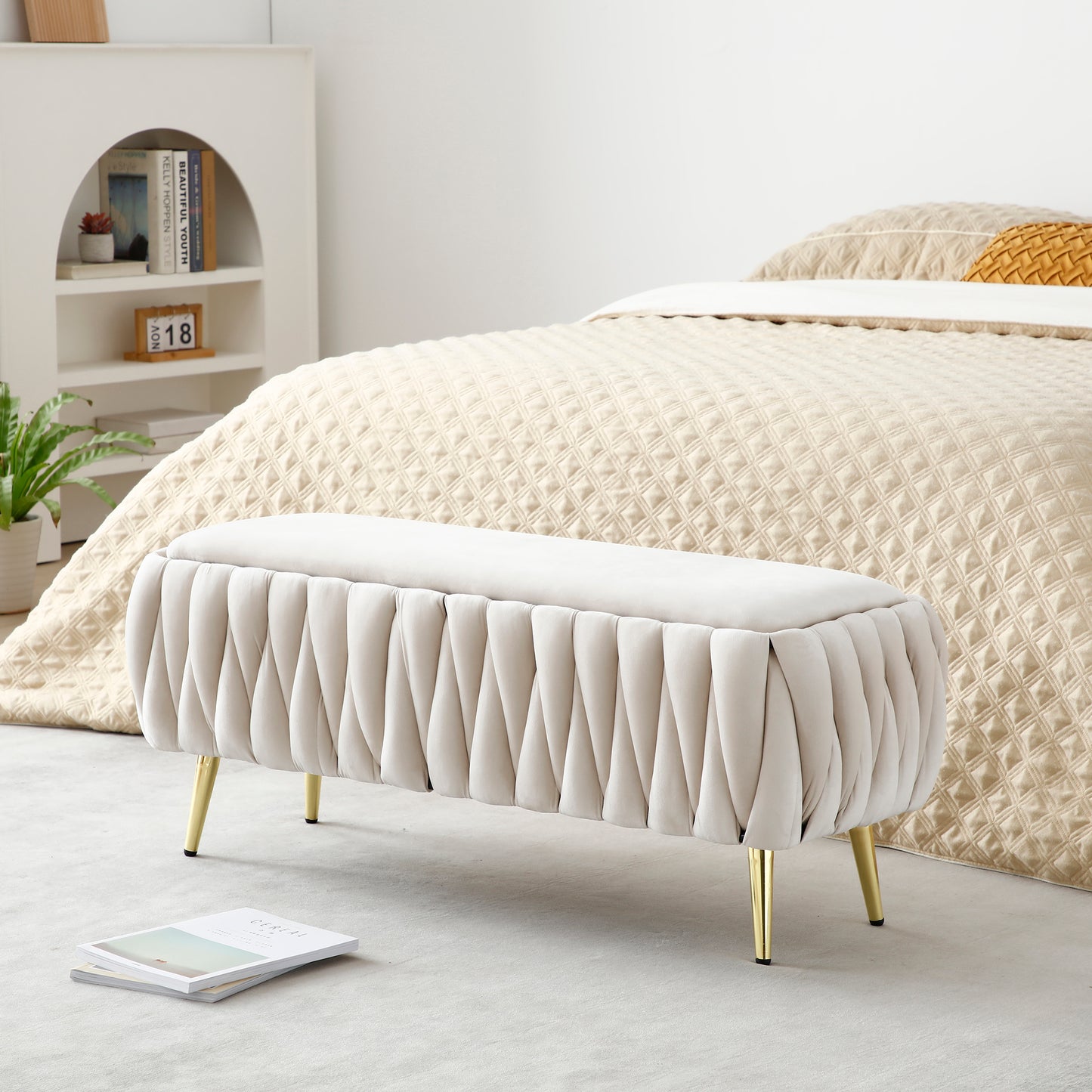 Oval Storage Bench with Gold Legs,Velvet Fabric Upholstered Ottoman Storage Benches for Bedroom End of Bed,Sherpa Fabric Bench for Living Room,Dining Room,Entryway,Bed Side,Beige,5 colors