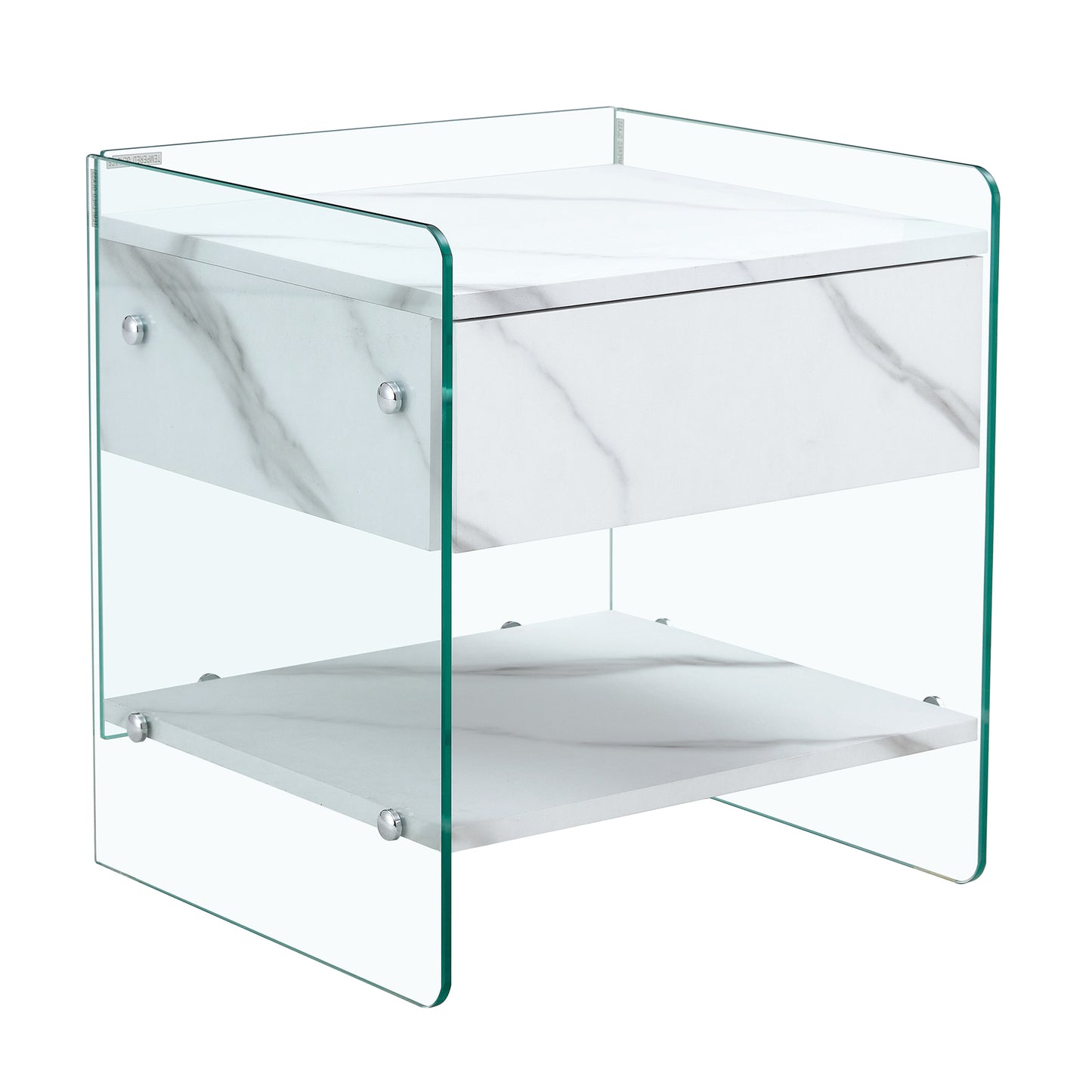 Bedside table with drawers. The board surface is MDF sticker, and both sides are transparent tempered glass. The design is simple and elegant, with excellent storage functions.