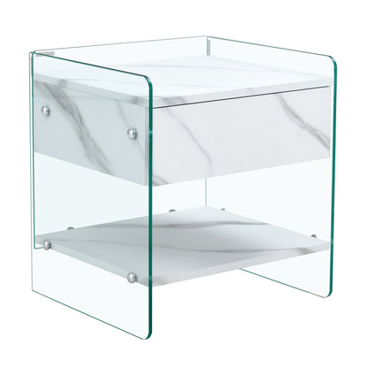 Bedside table with drawers. The board surface is MDF sticker, and both sides are transparent tempered glass. The design is simple and elegant, with excellent storage functions.