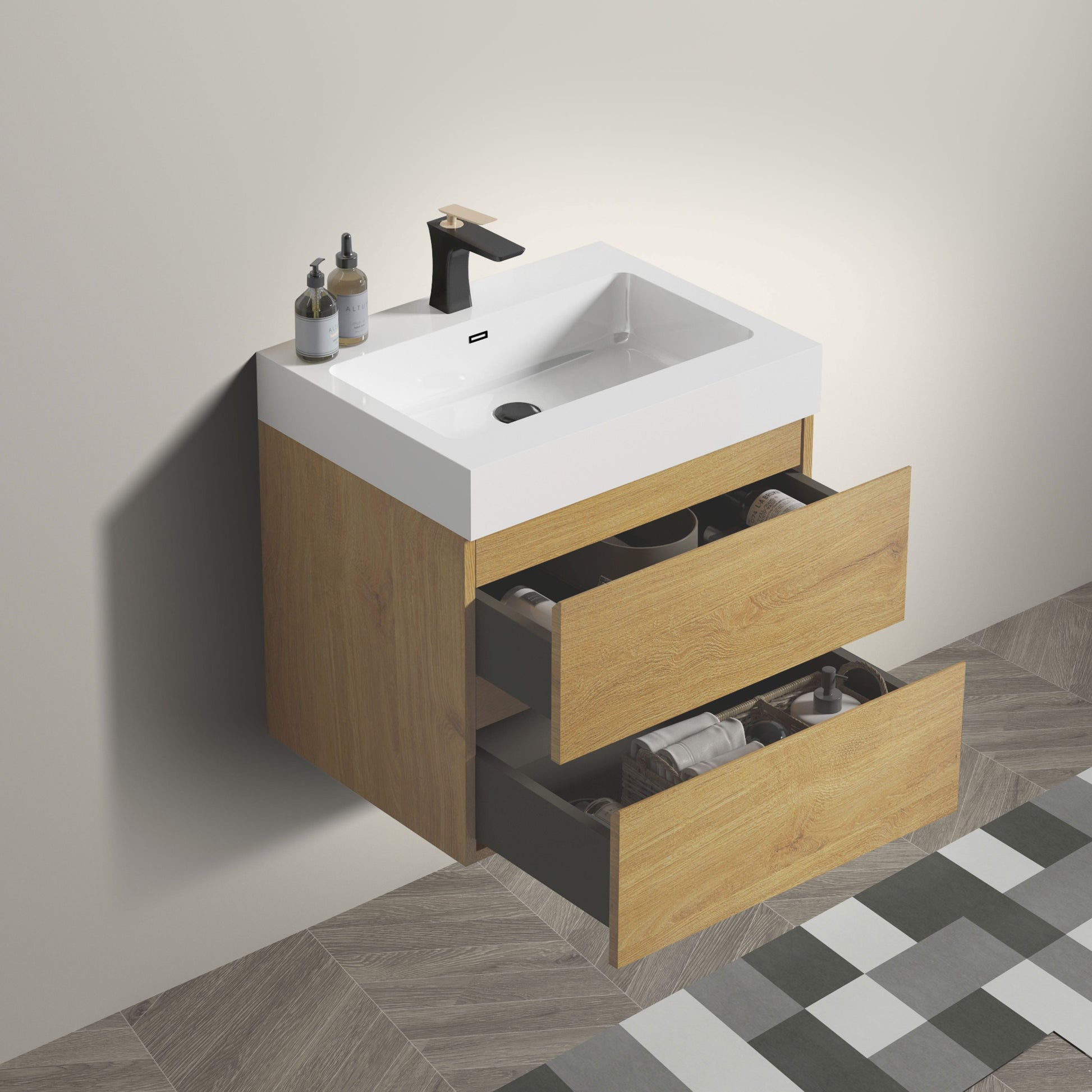 U040-Alice24-106 Alice 24" Natural Oak Bathroom Vanity with Sink, Large Storage Wall Mounted Floating Bathroom Vanity for Modern Bathroom, One-Piece Glossy White Sink Basin without Drain and Fauce