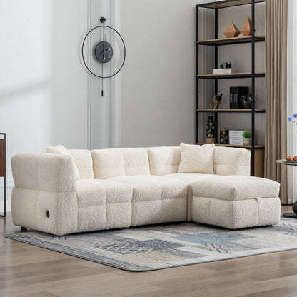 87.7" Sectional Sofa Cozy Teddy Fleece Fabric Sectional Sofa Couch with Two USB Ports a Movable Storage Ottoman and Two Lumbar Pillows for Living Room, Creamy White