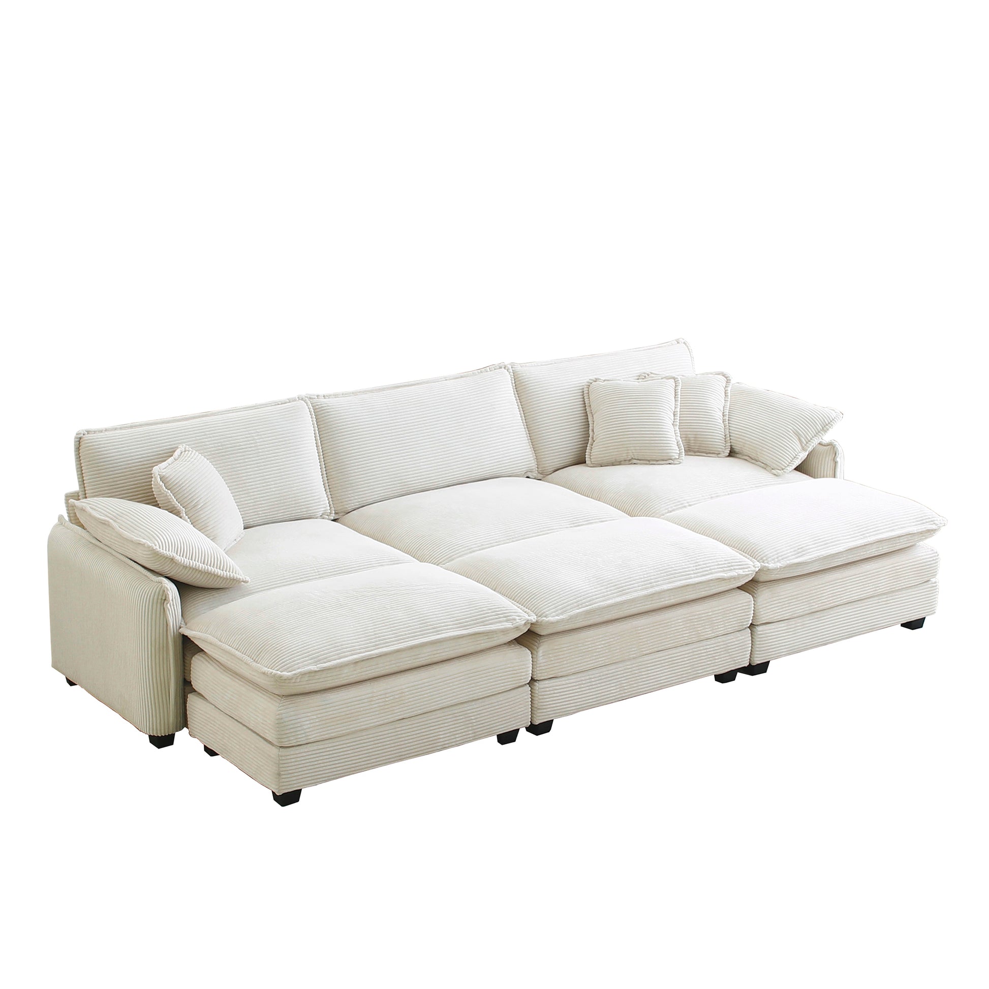 Oversized modular cushioned sofa,with 3 ottomans to work as sleeper sofa beds, 3-seater sofa with 3 footstools, Beige corduroy fabric