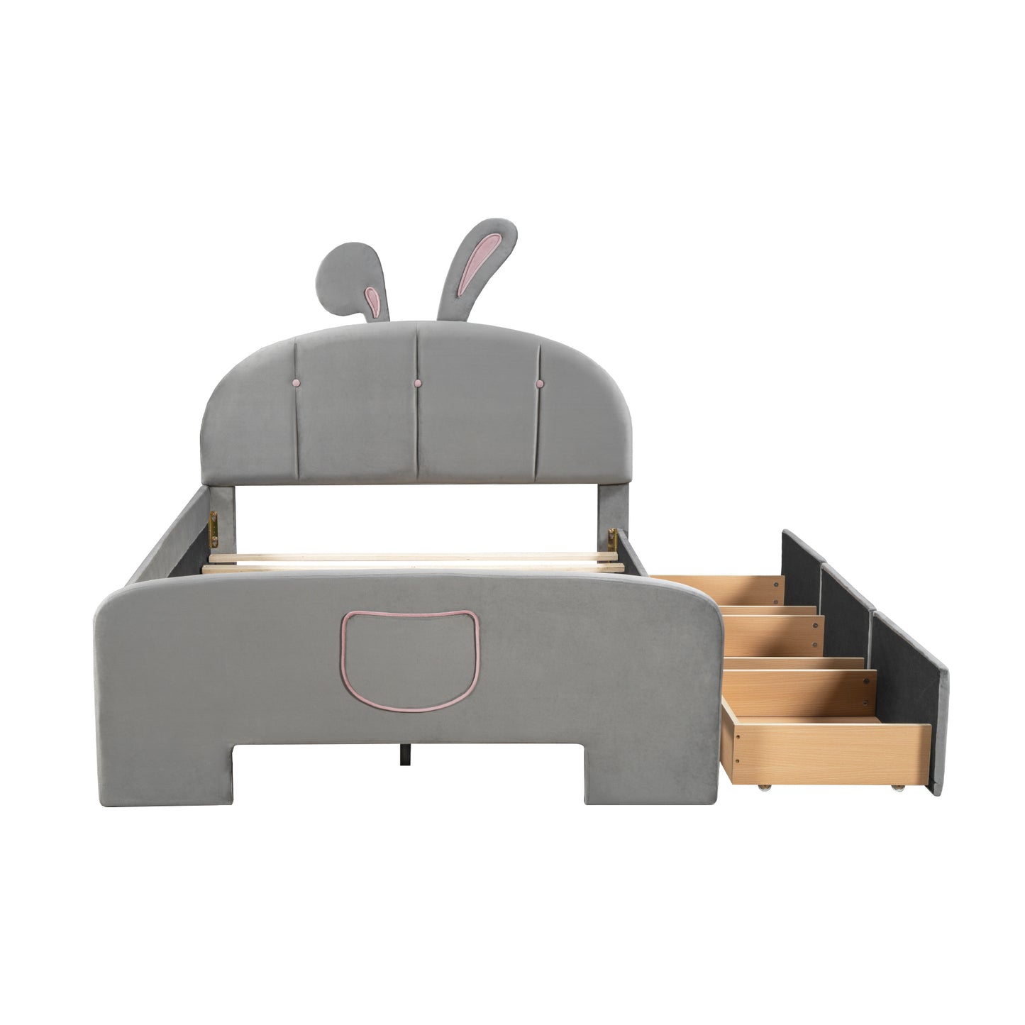 Full Size Velvet Platform Bed with Rabbit-Shaped Headboard, with Drawers, with Bed-End Storage Pocket, Gray