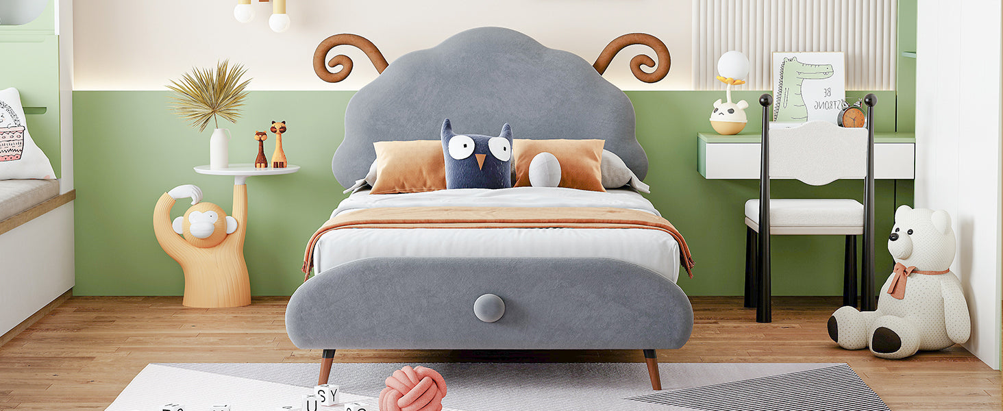 Twin Size Upholstered Platform Bed with Sheep-Shaped Headboard, Gray