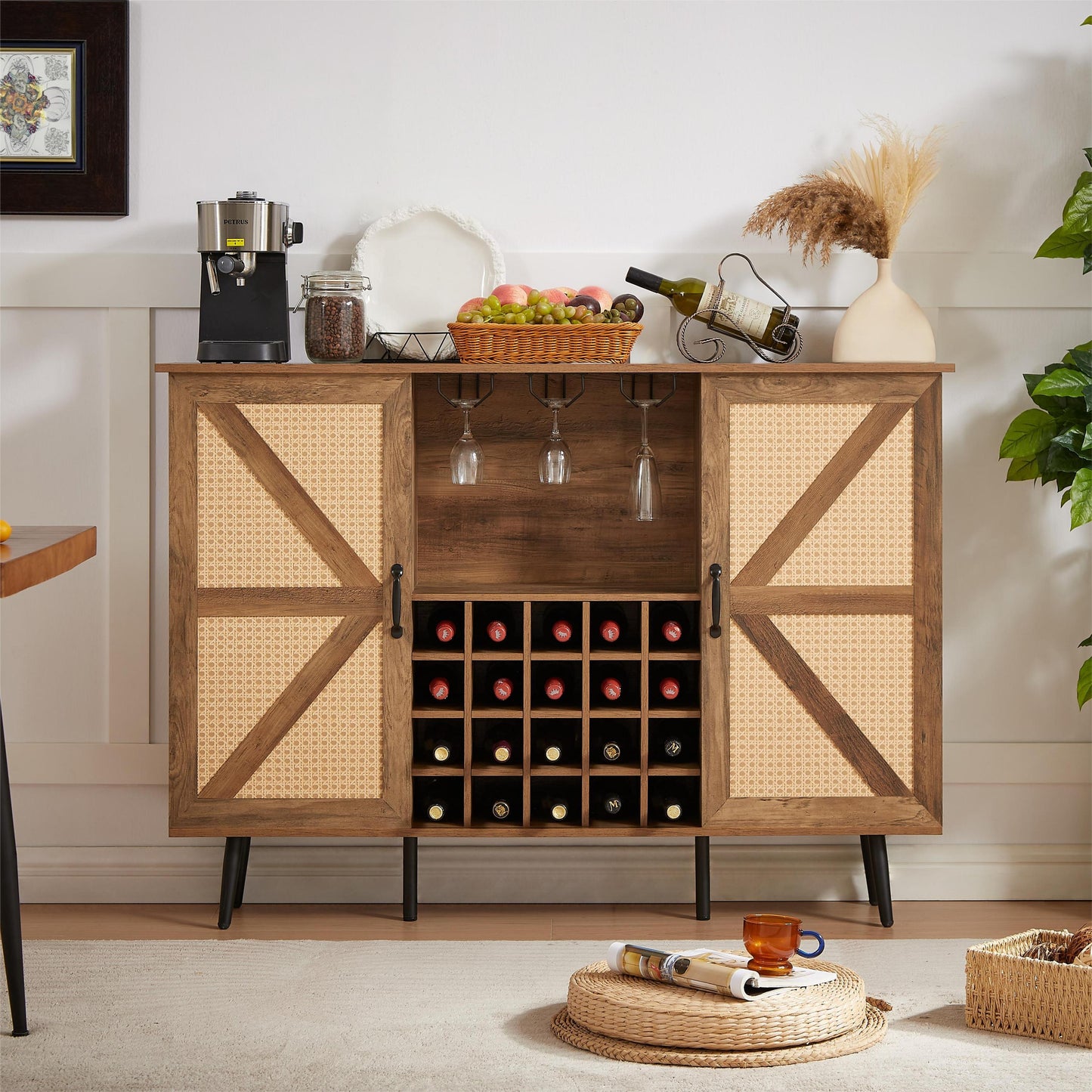 Oak Color Faux Rattan Barn Door Wine Cabinet with Wine Rack and Wine Glass Rack, Double Door Design with Removable Shelves, Rustic Wood Storage Cabinet