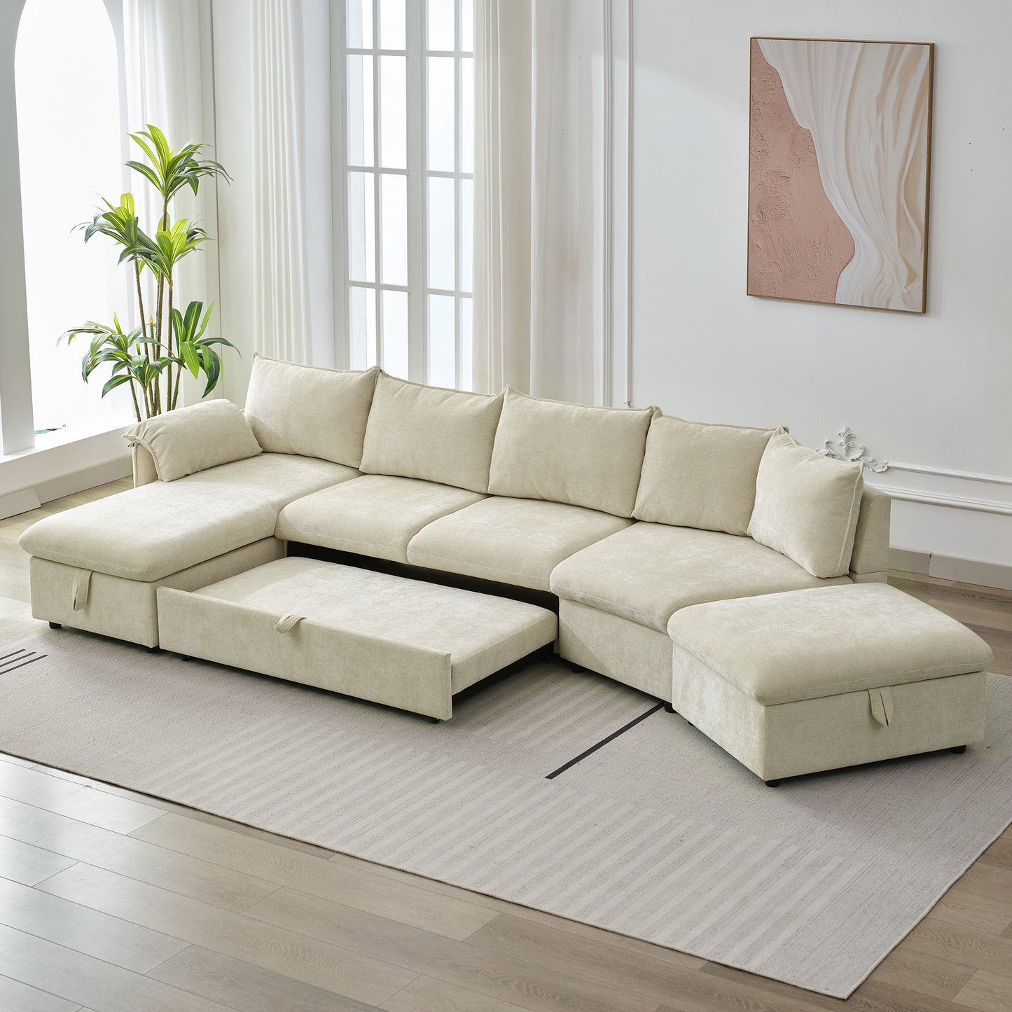 146.9" L-shaped Sofa Sectional Sofa Couch Pull-out Sofa Bed with a Movable Storage Ottoman, a Storage Chaise Lounge and Two USB Ports for Living Room, Beige