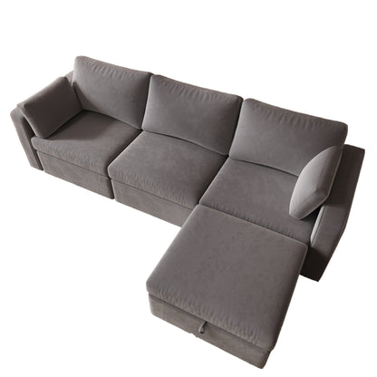 Modern Velvet Modular Sectional Sofa, L Shape Convertible Sofa Set with Pillows, Oversized Sectional Couches with Storage Ottomans for Living Room, Loft, Apartment, Office - Dark Gray 4 Seats