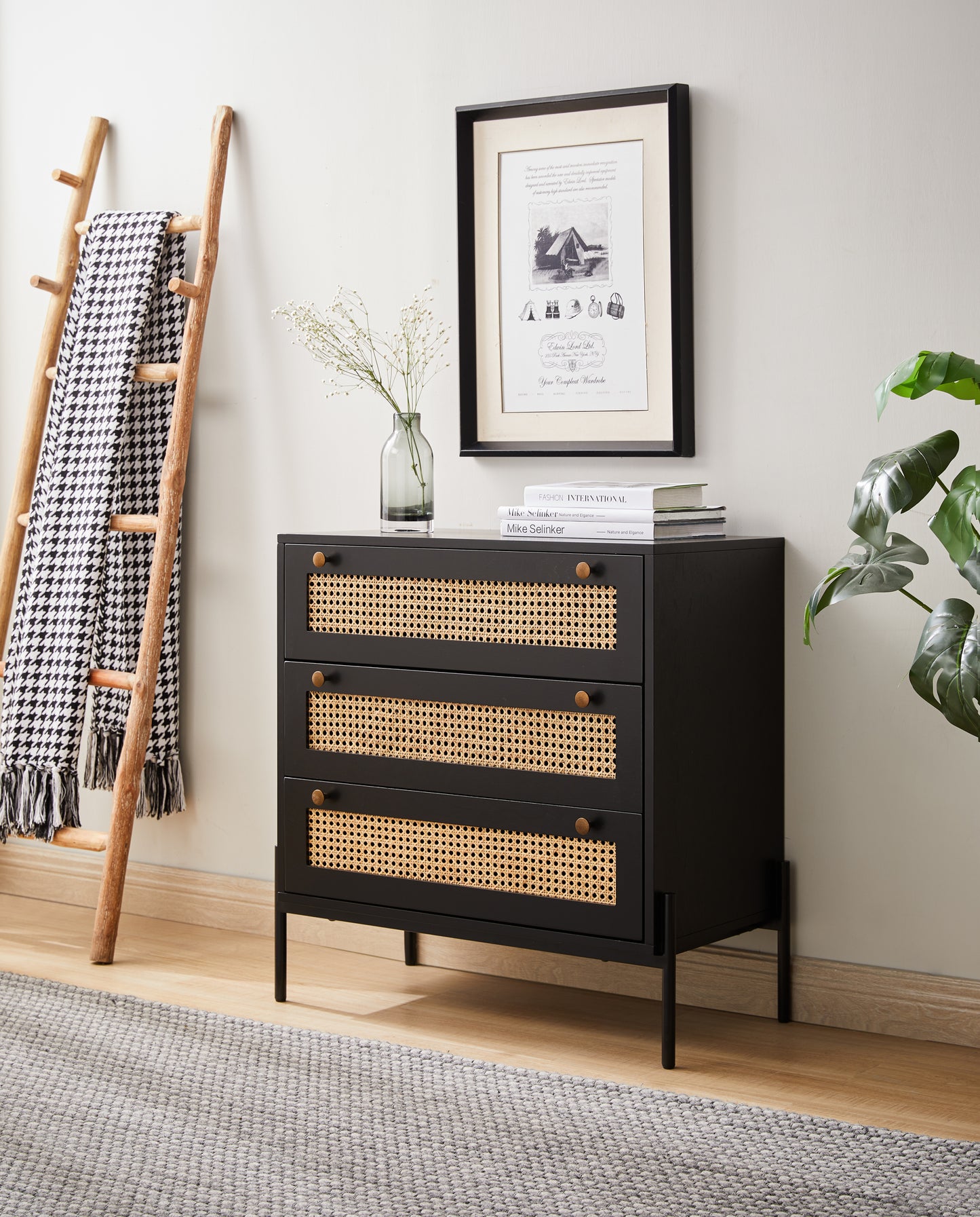 Yara Rattan Mid Century Modern Nightstand, Bedside Table