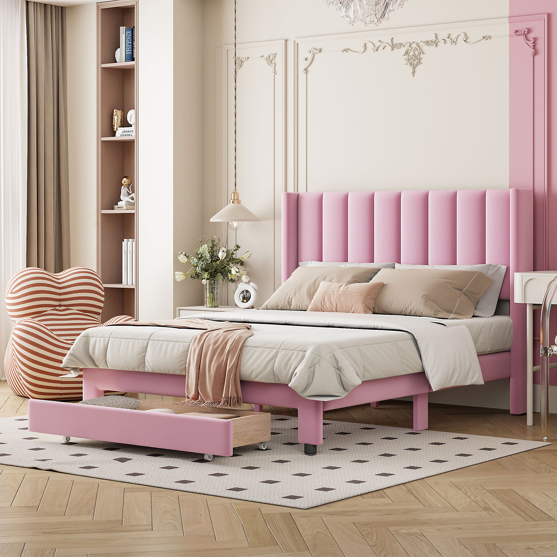 Full Size Storage Bed Velvet Upholstered Platform Bed with a Big Drawer - Pink(old sku:WF296850AAH)